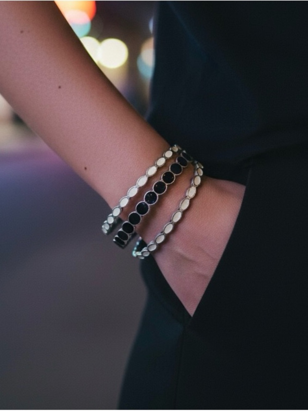 Silver Black and cream/white Silver Metal Bangle Bracelet Set